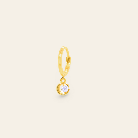 14K Gold Plain Hoop Earring with Crescent CZ Dangle