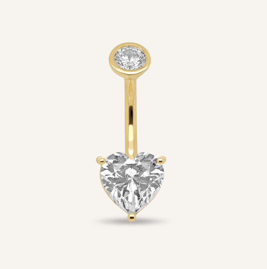 14K Yellow Gold Heart CZ Belly Ring
